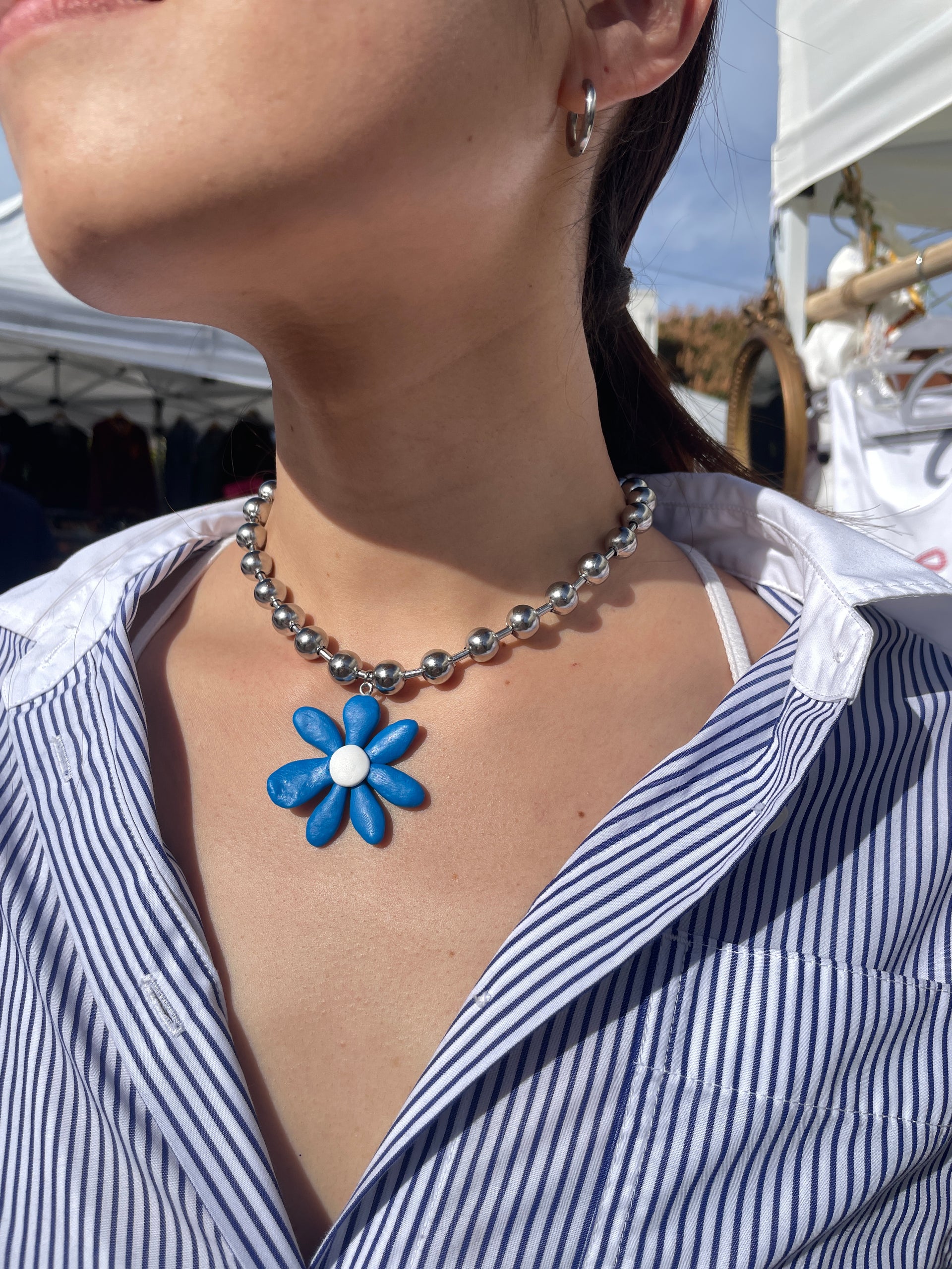 Blue Flower Ball Chain Necklace