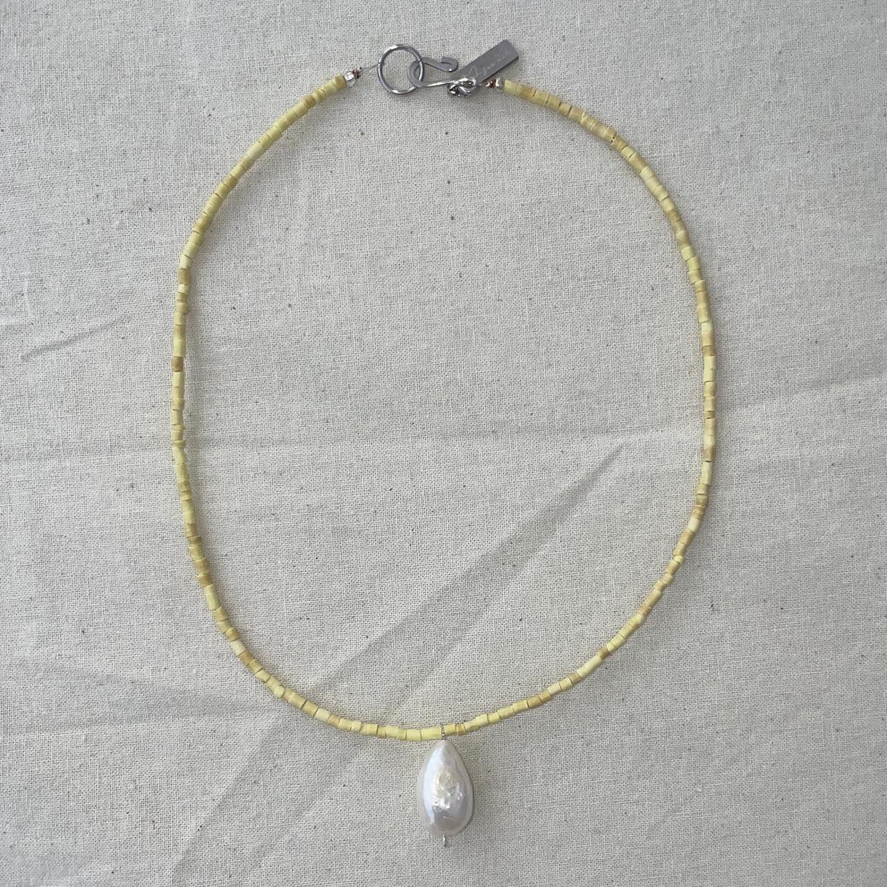 Yellow Wood Beads Necklace with a Fresh Water Pearl